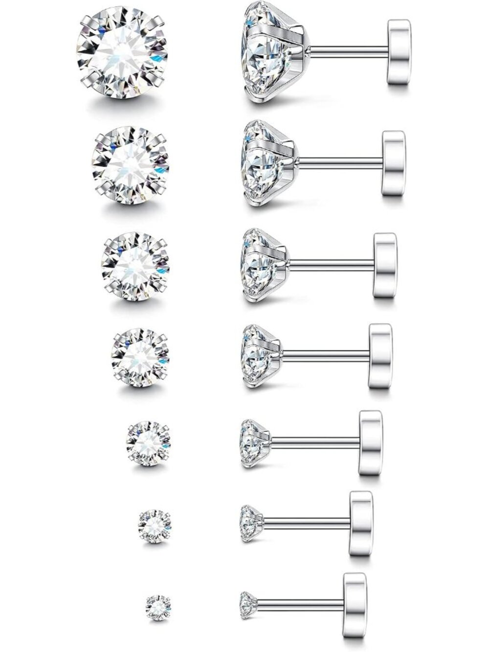 20G Hypoallergenic Flat Back Earrings for Women Men Silver 14K Gold Stainless St
